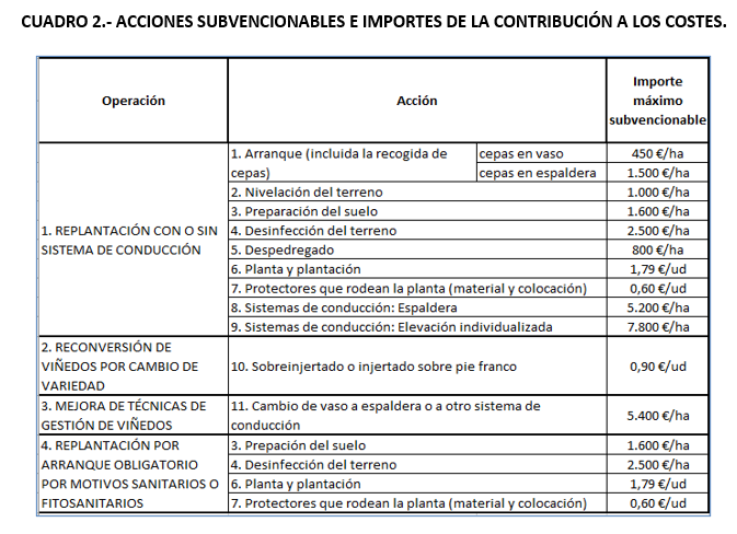 ​​​​​​​Acciones subvencionables e importes de la contribución a los costes